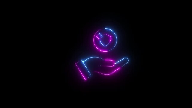 Animated black line icon of hand tossing a coin that morphs into a shield and key symbol. Represents financial safety, savings protection, Isolated illustration on dark background..