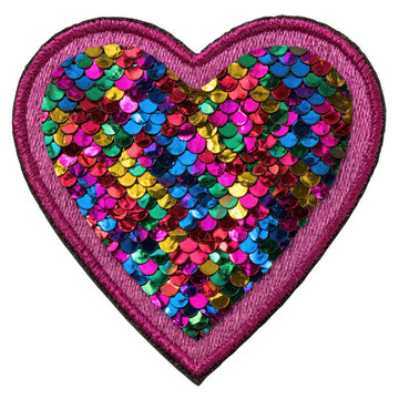 Sparkling pink heart applique with colorful reversible sequins and black outline isolated on transparent background
