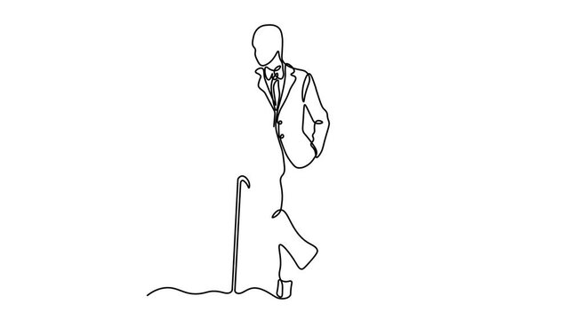 elderly man in formal suit with bow tie walking with cane, minimalist senior gentleman illustration, Self drawing animation one continuous line draw, logo on white background