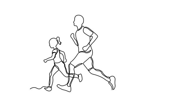 man, woman, and young girl running together, active family fitness, healthy lifestyle, Self drawing animation one continuous line draw, logo on white background