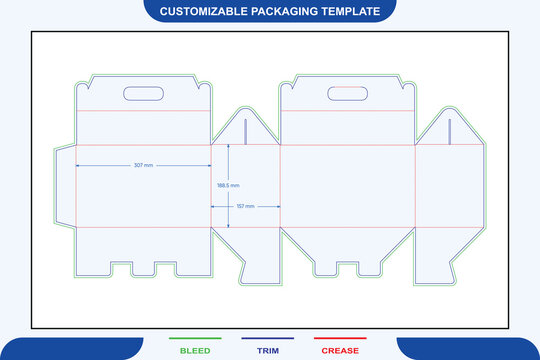 Suitcase box dieline template with handle, featuring green bleed lines, blue trim lines, and red crease lines with dimension annotations for packaging