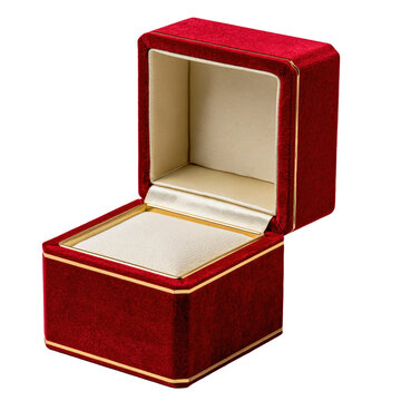 Open red velvet ring box with gold trim and empty cream interior for jewelry presentation, isolated on transparent background
