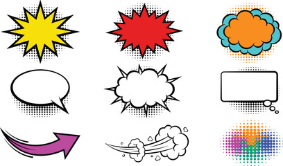 Pop Art Comic Book Speech Bubble Vector Set with Halftone Explosion Bursts and Graphic Arrow Elements for Retro Creative Designs © Maslima