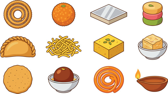 Traditional Indian Sweet Mithai and Snack Vector Set with Diya Lamp for Diwali Festival Holiday Culinary Graphic Designs