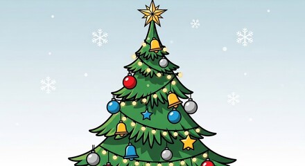 Fototapeta premium Festive Christmas Tree Illustration with Ornaments and Star Topper.