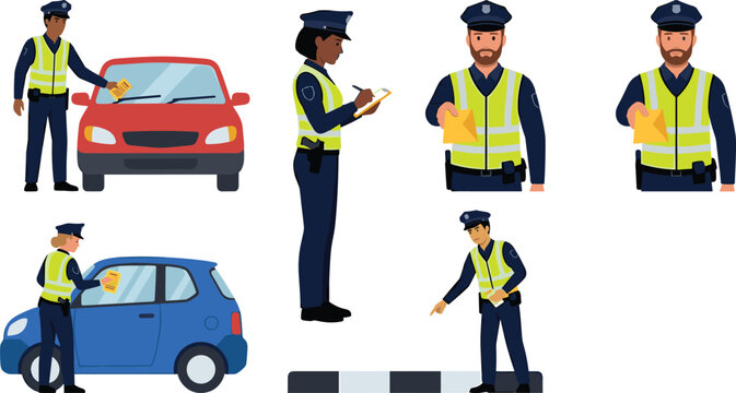 Traffic Police Officer Character Set with Parking Violation Fine Tickets and Law Enforcement Agents for Road Safety Graphic Designs