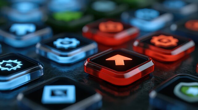 Close-up of illuminated futuristic buttons with various symbols, highlighting a glowing red arrow key, set on a dark metallic surface.