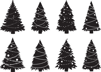 Obraz premium Set of black pine tree silhouettes for holiday and christmas design projects isolated on transparent background, Vector