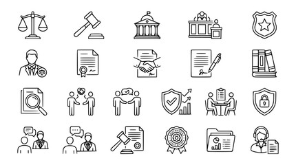 Fototapeta premium Modern Legal Services Outline Icons Collection with Justice Police Court and Contract Symbols