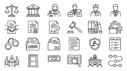 Fototapeta premium Law and Legal Line Icon Set with Justice Court Lawyer Police and Agreement Editable Outline Symbols