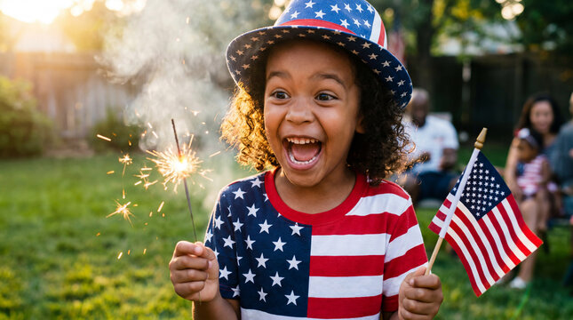Independence Day child holding sparkler American flag with big laugh wearing patriotic outfit for summer celebration family lifestyle website promotion design