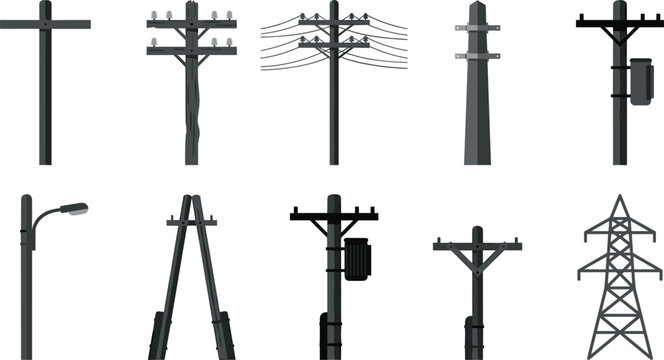 Utility Pole and High Voltage Power Tower Vector Set with Electric Wire Lines and Transformer Units Graphic Designs