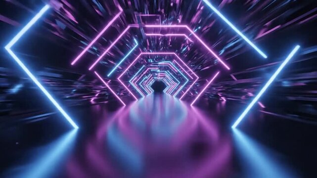 Futuristic digital tunnel with glowing neon pink and cyan hexagonal outlines and a textured dark background receding into a vanishing point with a reflective floor