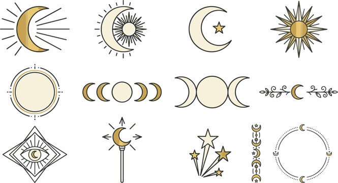 Celestial Celestial Sun Moon and Star Vector Icon Set with Triple Goddess Magic Wand Evil Eye and Border Elements