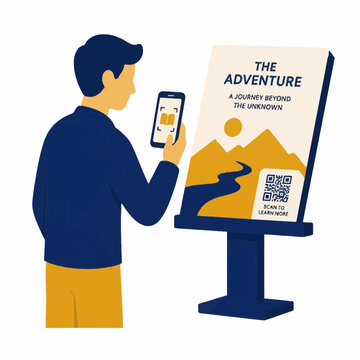 Vector illustration of a man using a smartphone to scan a QR code on a large exhibition poster titled "The Adventure" featuring a mountain landscape and outdoor travel theme.