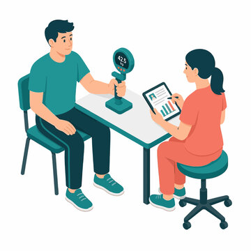 Man performing handgrip strength test with dynamometer while female doctor monitors data on a tablet, medical assessment illustration for sports science and physical therapy.