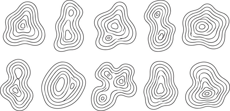 Set of ten black and white line topographic map style contour shapes isolated on a white background, for cartography and, also transparent background