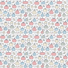 Obraz premium Seamless pattern of hand drawn pastel pumpkins and autumn leaves on white background. EPS Editable. Vector Illustrations.