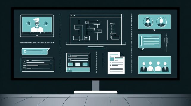 Collection of icons for business tools such as conference calls, team chat, email threads, and report documents displayed on a screen