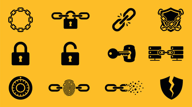 Cybersecurity icon set with 12 black flat vector symbols, digital data protection and network security icons, padlock and chain link elements for web privacy, secure access system graphics
