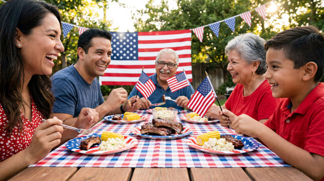 Independence Day backyard BBQ multigenerational family dining with red white blue table holding flags for patriotic summer celebration lifestyle website promotion design