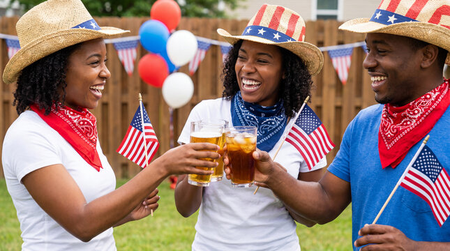 Independence Day backyard party friends toasting with drinks wearing red white blue holding flags for patriotic summer celebration lifestyle website promotion design