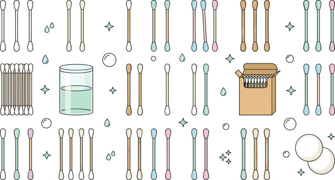 Cotton swabs and buds vector icon set with bamboo sticks cosmetic pads packaging box and liquid container isolated icons for personal hygiene concept.