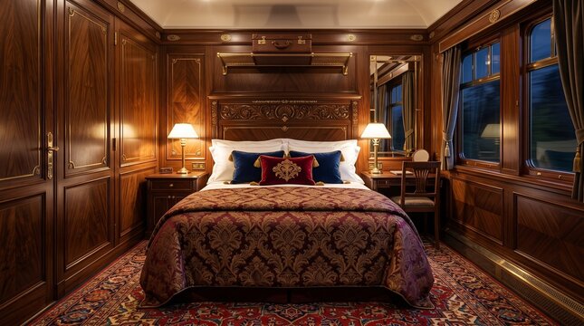 Luxury Vintage Train Cabin Interior with Wood Paneling, Elegant Bedding, and Warm Lighting; Classic Rail Travel Compartment with Nocturnal Window View and Antique Decor.