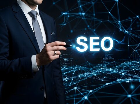 Seo strategy business professional analyzing search engine optimization data network