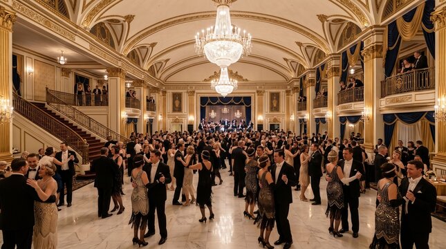 Elegant people in vintage 1920s attire dancing at a grand gala celebration in an opulent ballroom with crystal chandeliers, luxury gold decor, and sophisticated warm lighting.