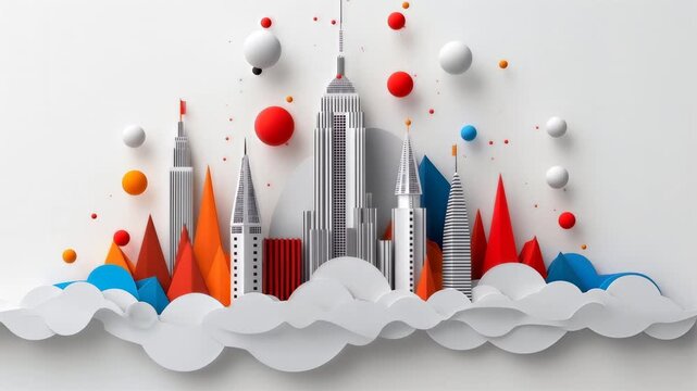 Creative paper cut city skyline with colorful geometric shapes forming a modern abstract urban composition