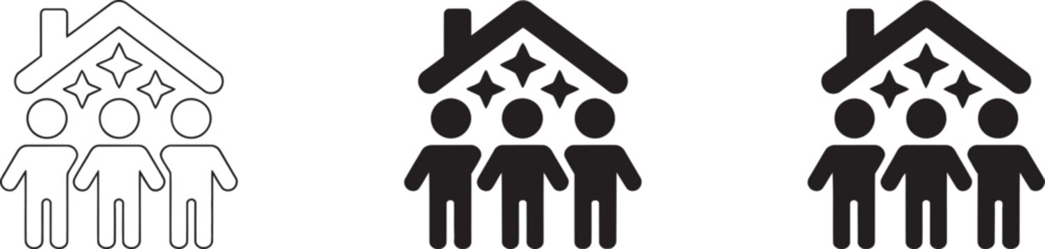 People collaboration and community vector collection, graphic set showcasing diverse groups joining hands with houses, stars, and unity symbols suitable for social projects, charity, 