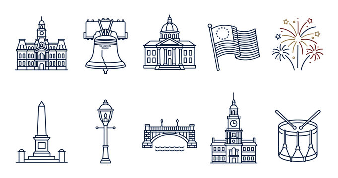 Collection of American historical patriotic symbols and landmarks in a clean line art style, representing national heritage and independence.