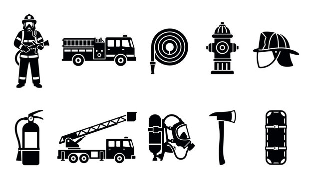 Firefighting equipment icons set featuring a firefighter, truck, hose, hydrant, helmet, extinguisher, ladder truck, SCBA, axe, and stretcher.