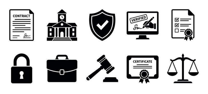 Law justice legal security official document icons representing various aspects of legal processes, agreements, protection, and governmental institutions in a modern flat style.