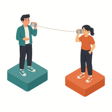 Isometric vector illustration of a man and a woman communicating via a classic tin can telephone while standing on separate colored 3D pedestals against a white background.