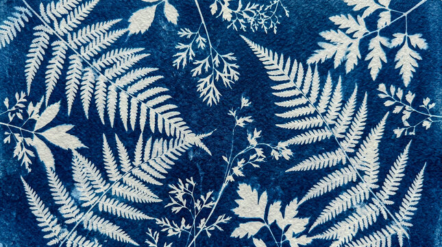 Prussian blue cyanotype botanical fern ghost white silhouettes paper fiber, blueprint background