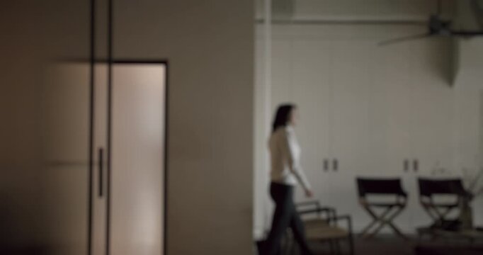 Blurry slow motion footage of an anonymous woman walking from behind a frosted glass door into a spacious, modern, and minimalist apartment loft with director chairs in the background
