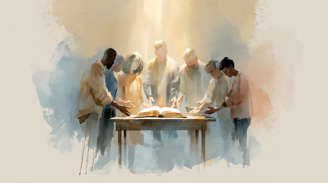Group of Christians Standing Around Open Bible, Watercolor Church Covenant Banner with Soft Light and Copy Space