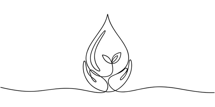 Minimalist line of hands cradling a teardrop with a sprouting seedling inside line hands continuous one line drawing in white background