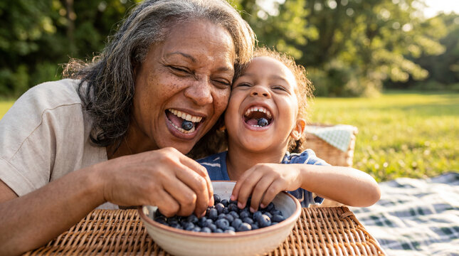 Summer picnic blueberry family grandmother grandchild eating fruit with big laugh for food lifestyle outdoor recreation website promotion design