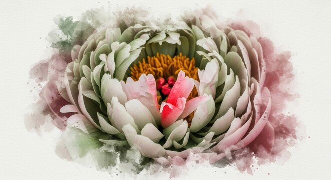 Watercolor Peony Flower Close-Up Illustration with Soft Pink Petals and Yellow Center on White Textured Background