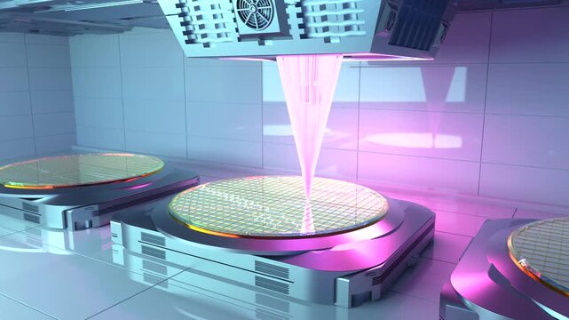 3d rendering EUV lithography systems with silicon wafers for semiconductor manufacturing 4k footage