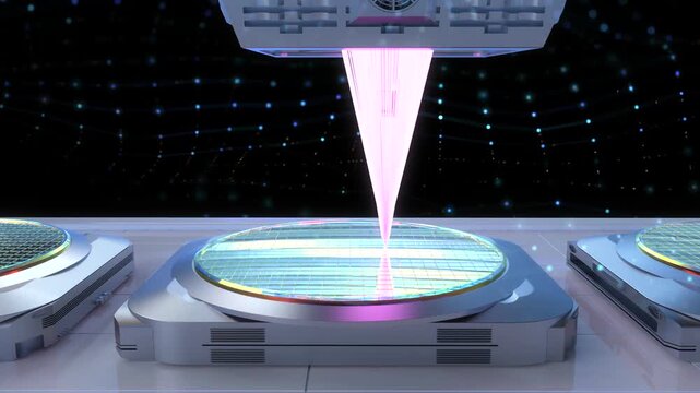 3d rendering EUV lithography systems with silicon wafers for semiconductor manufacturing isolated on black background 4k footage