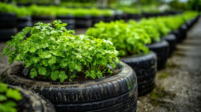Urban Gardening with Recycled Tire Planters and Green Vegetables