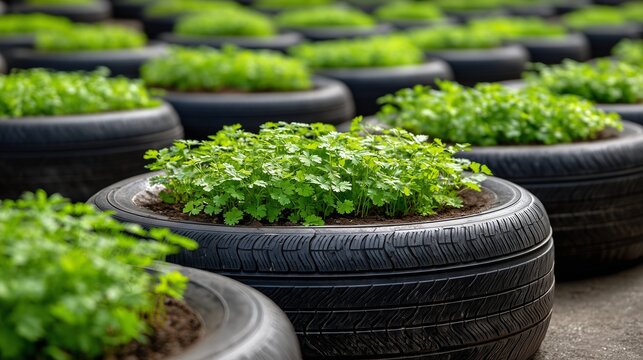 Urban Gardening with Recycled Tire Planters and Green Vegetables