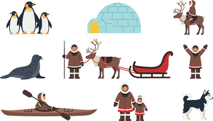 Arctic life vector illustration set featuring Eskimo people, reindeer, sled, igloo, husky dog, penguins, seal and traditional polar region activities isolated © Mst