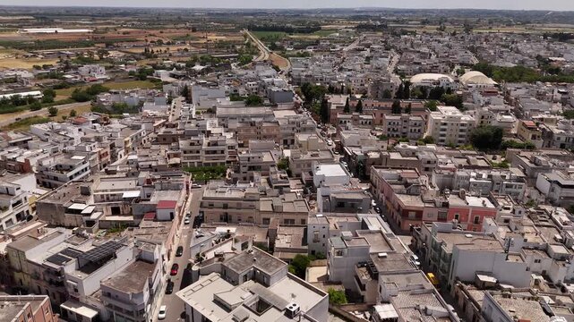 Aerial view of the ancient village of Nardo in the Southern part of Italy in Europe with buildings and streets during a warm summer day.