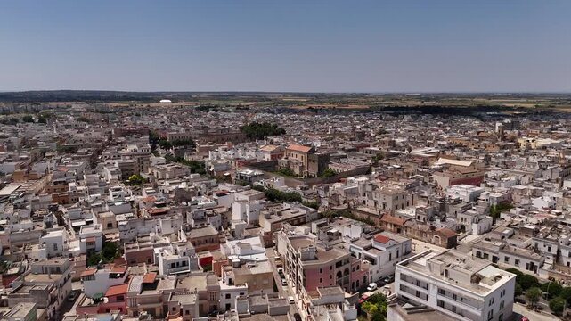 Aerial view of the small town of Nardo in Italy. An old village with streets and building during a sunny summer day.