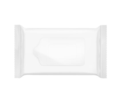 Wet wipes flow package mockup with realistic flap. Vector illustration isolated on white background. Can be use for your design, promo, adv and etc. Scalable without lose quality. EPS10.